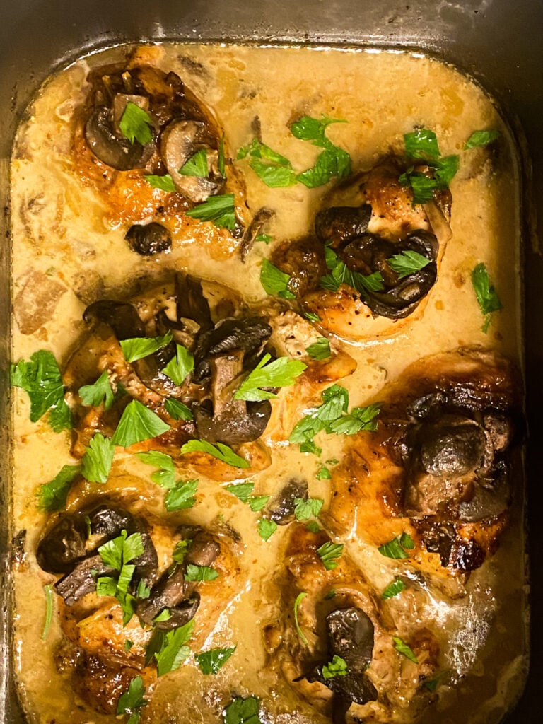slow cooker chicken marsala chicken thighs in a creamy mushroom marsala sauce