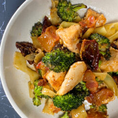 chicken and roasted broccoli pasta with sun-dried tomato bacon cream sauce