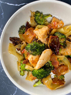 chicken and roasted broccoli pasta with sun-dried tomato bacon cream sauce