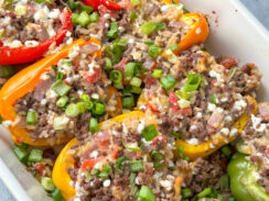 red, orange, yellow, and green stuffed peppers with ground beef, onion, rice, and cottage cheese mixture in a white baking dish topped with green onion