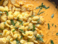 creamy pumpkin alfredo sauce in a black skillet with pasta and fresh basil leaves