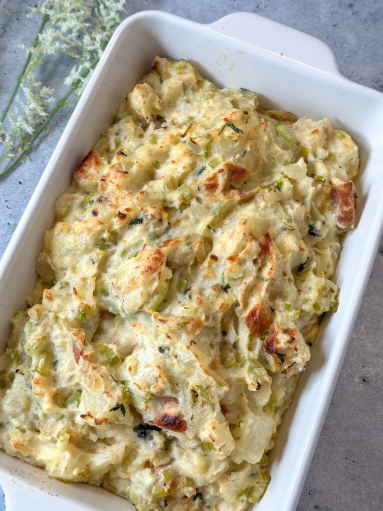 pa dutch potato and bread filling in a white baking dish