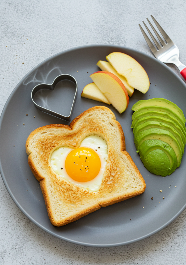 sliced toast with a heart cut-out in the center and a runny, fried egg in the middle on a gray plate.
