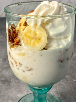 healthy dairy-free banana pudding in a large glass cup