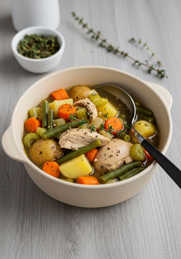 hearty chicken stew in a white bowl with potatoes carrots celery onion and thyme in a savory broth