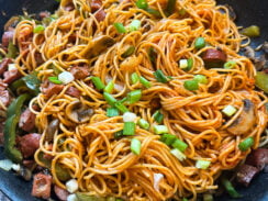 easy spaghetti napolitan sweet savory ketchup based sauce, savory chicken sausage, spaghetti, fresh veggies kids love this meal!