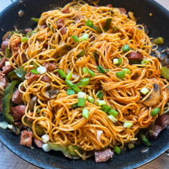 easy spaghetti napolitan sweet savory ketchup based sauce, savory chicken sausage, spaghetti, fresh veggies kids love this meal!