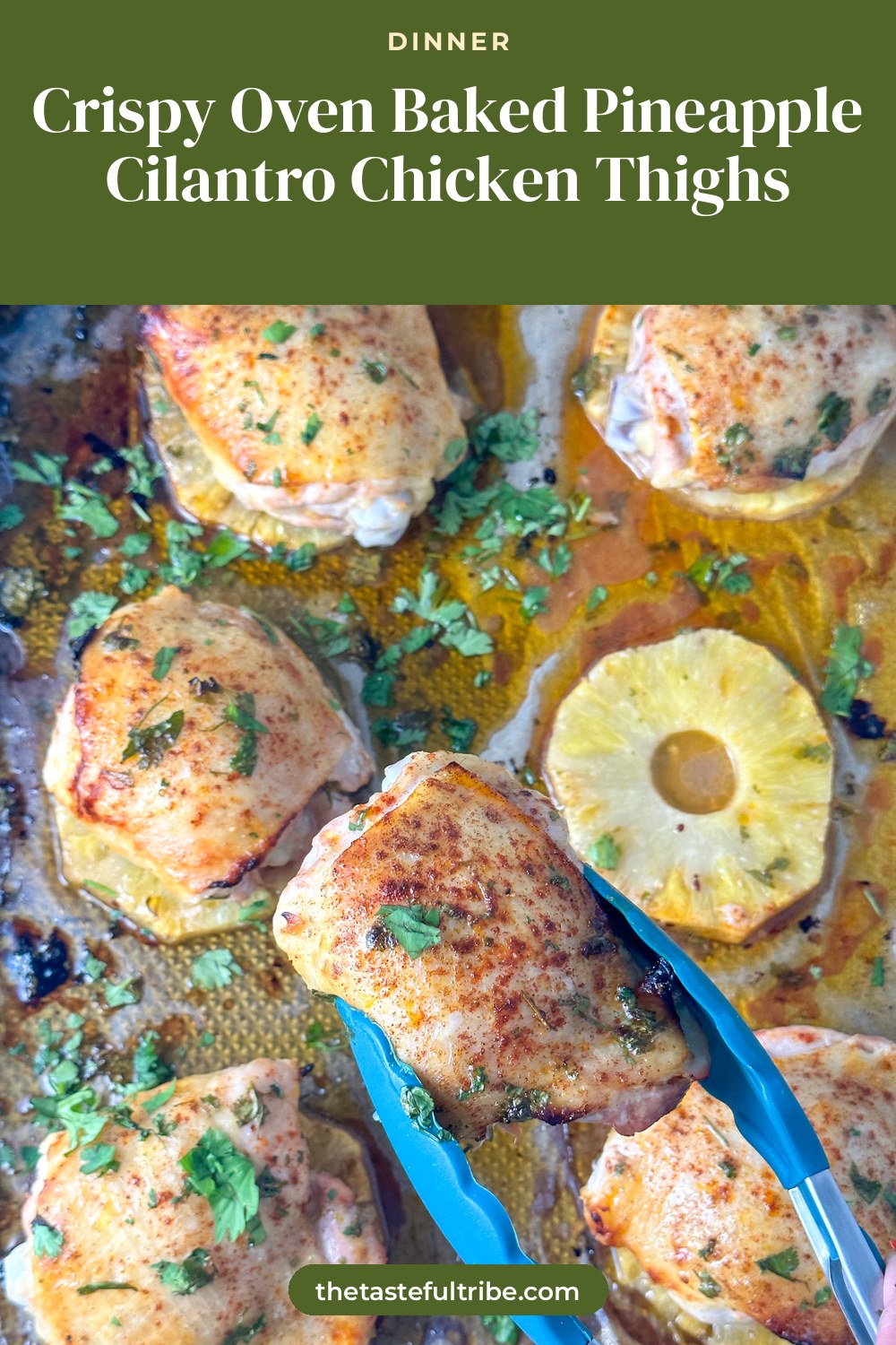 crispy oven baked chicken thighs seasoned with smoked paprika over pineapple rings