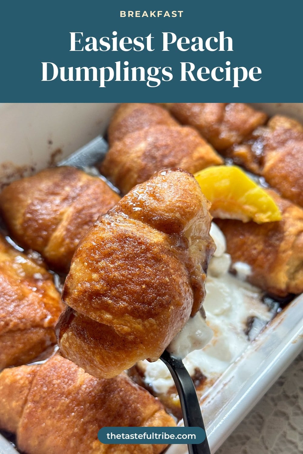 peach dumplings made with crescent rolls in a white baking dish with cinnamon sugar topping, vanilla ice cream and peach slice