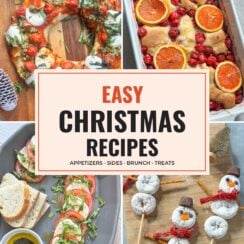 Collage of easy Christmas recipes: holiday pizza wreath, cranberry orange cream dumplings, candy cane caprese and snowman donut skewers