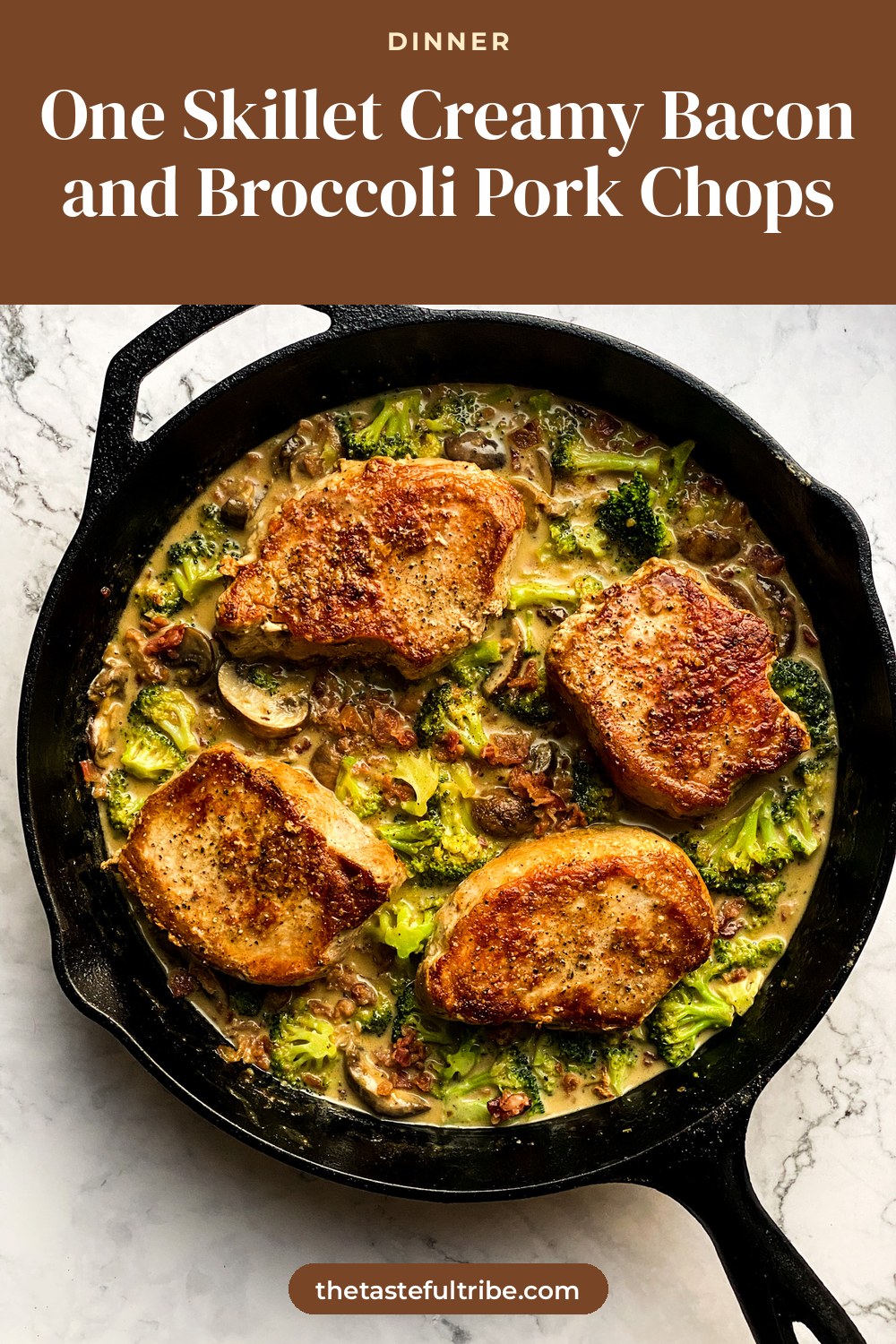 One Skillet Creamy Bacon and Broccoli Pork Chops, the finished dish