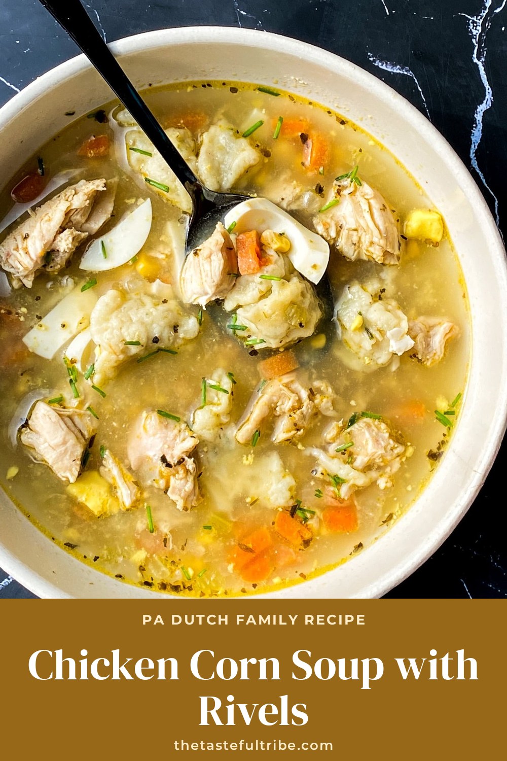 Bowl of PA Dutch chicken corn soup with rivels